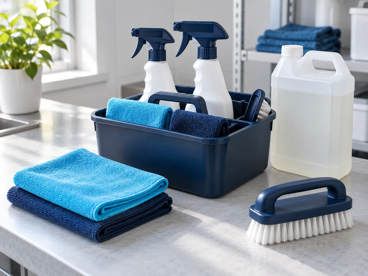 Illustrative professional cleaning products and neatly arranged equipment
