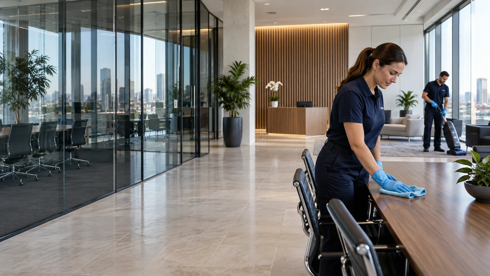 Illustrative professional cleaning team caring for a bright modern office